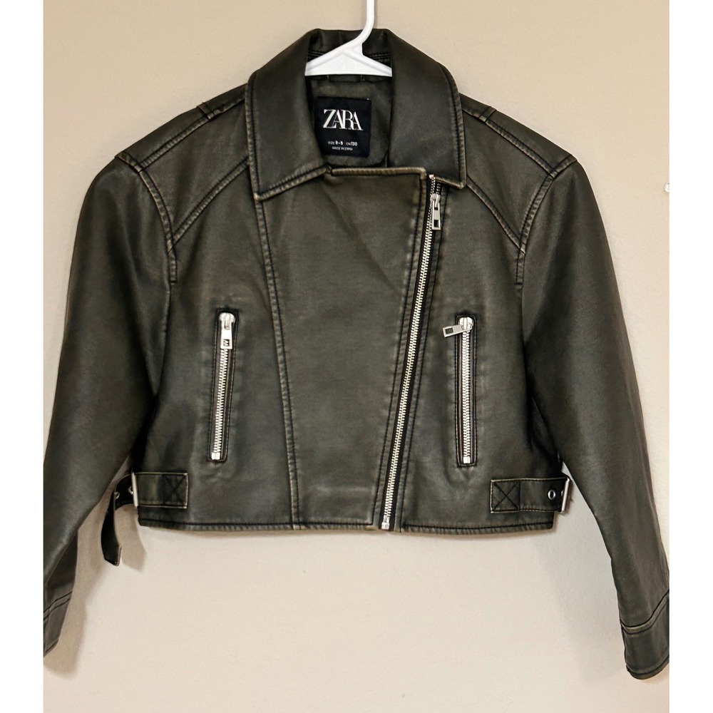 Zara Girls Faux Leather Biker Jacket Distressed Gray Olive Moto Size 8-9 130cm